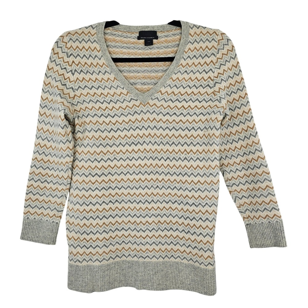 J Crew Collection Italian Cashmere‎ Sweater XS Grey Tan Chevron V-Neck Knit